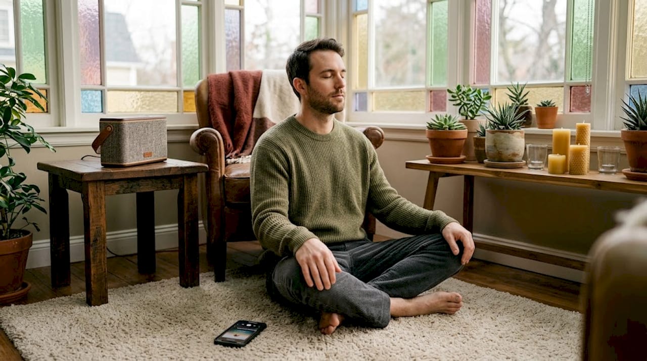 Man listening to spiritual music in home living room